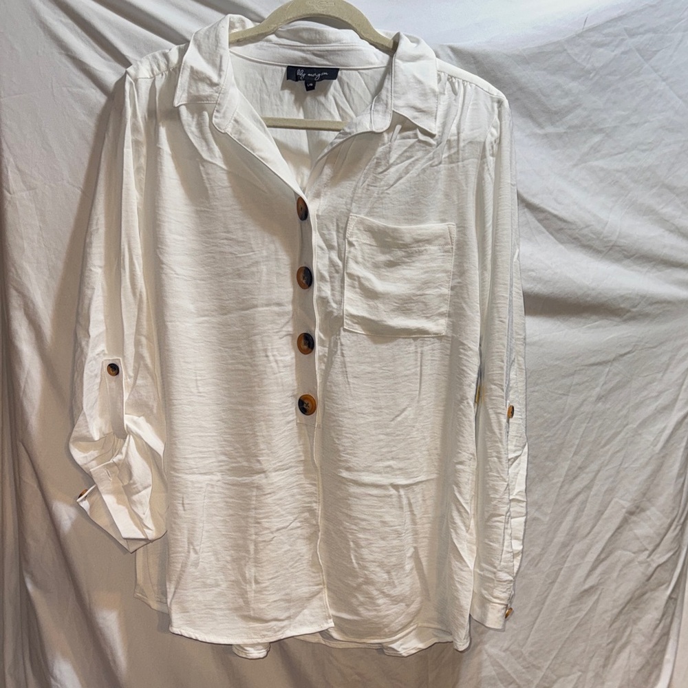 NWT Elegant White Button Down Shirt with Wooden Accents